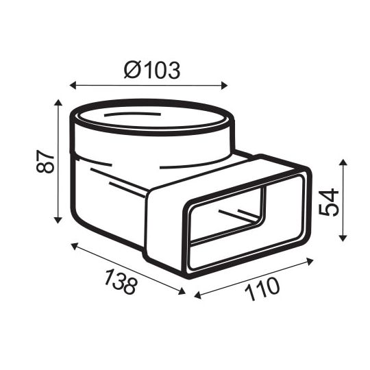 Ventilatiekanaal vlak 110x54 mm bochtstuk 90° verticaal > Ø100 mm