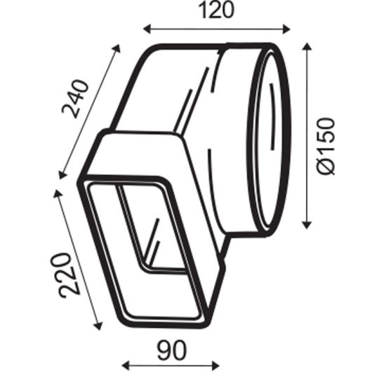 Ventilatiekanaal vlak 220x90 mm bochtstuk 90° verticaal > ø150 mm