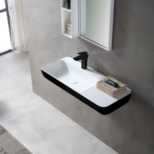 Wastafel 90 cm mat wit/zwart buiten solid surface - Wahlbach